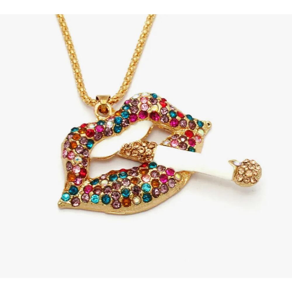 Betsey Johnson Smokin Lips Rhinestone Necklace Gold Statement Multicolor NWT